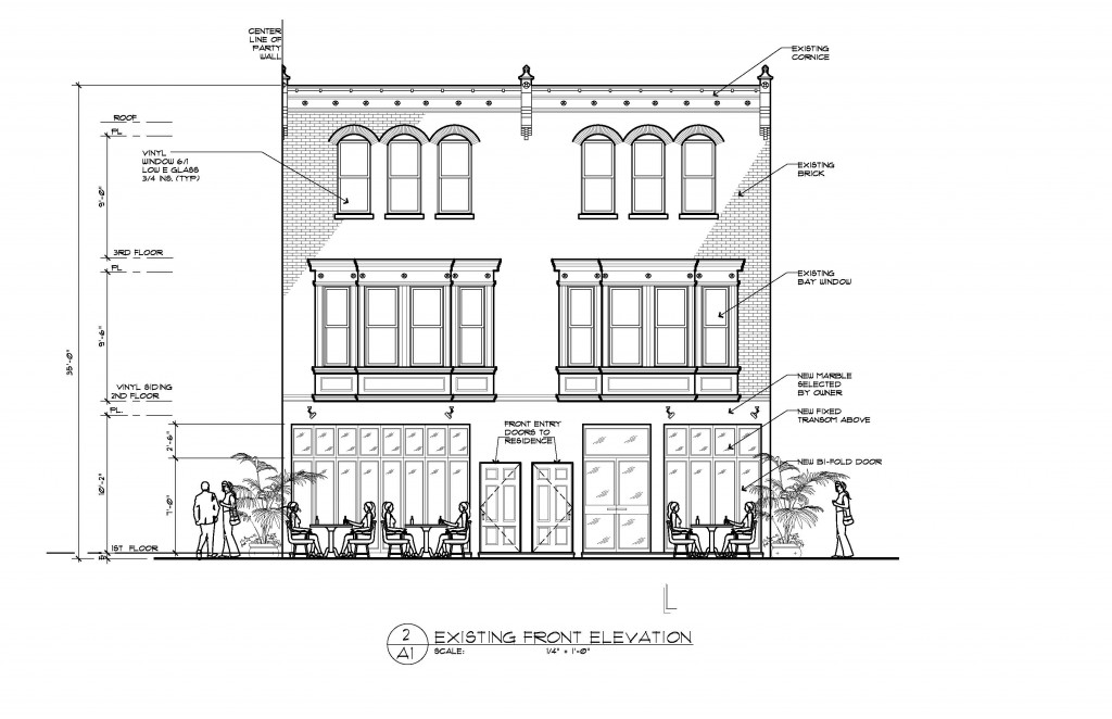 Proposed draft drawing of Babylon Bistro's storefront.