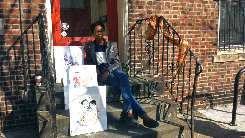 West Philly artist Nile Livingston with some works from the "Baltimore Avenue Series" (Photo by Annamarya Scaccia / West Philly Local)